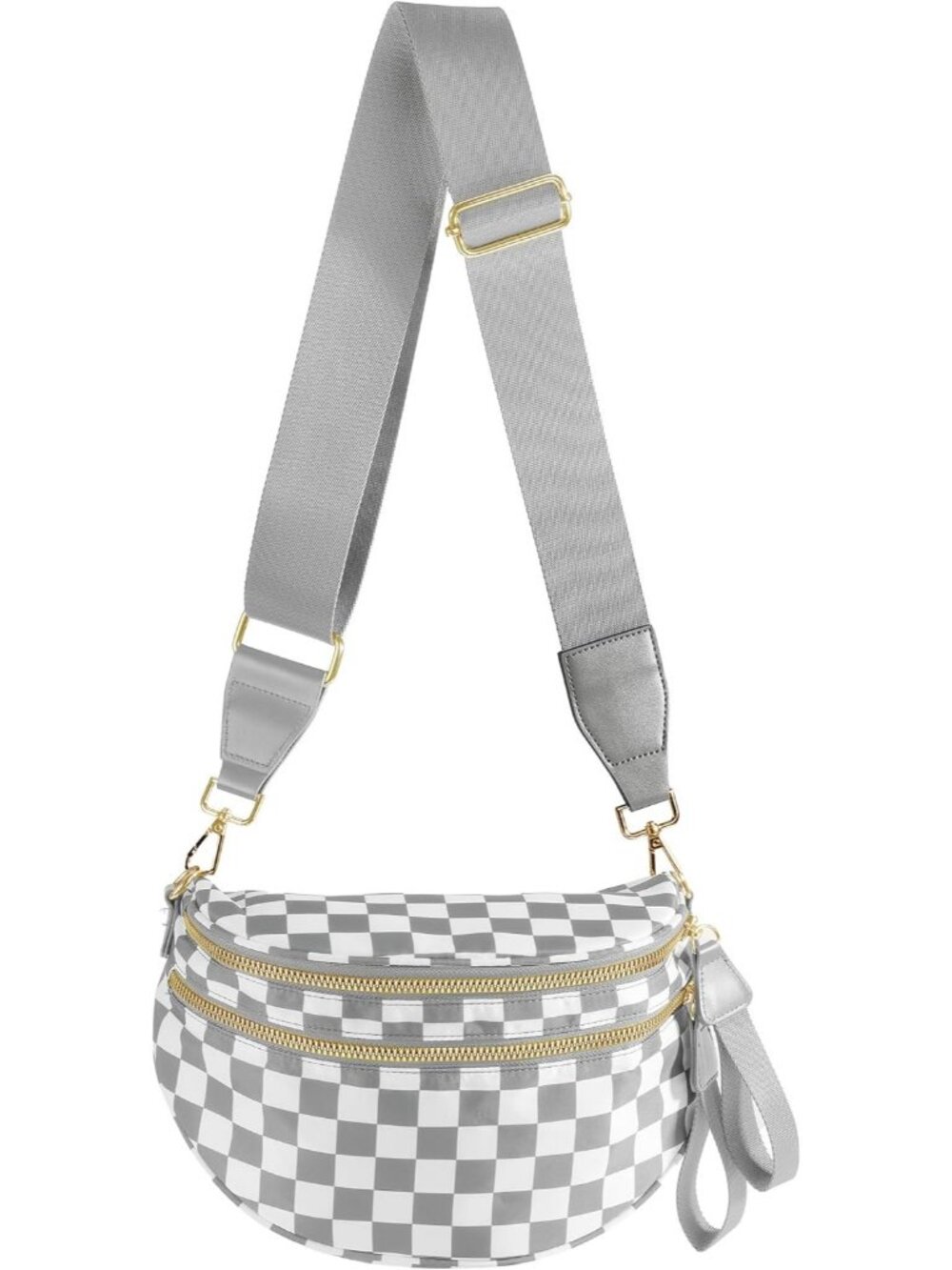 Women's Light Grey Check Nylon Spacious Bum Bag Travel Purse Crossbody Bag